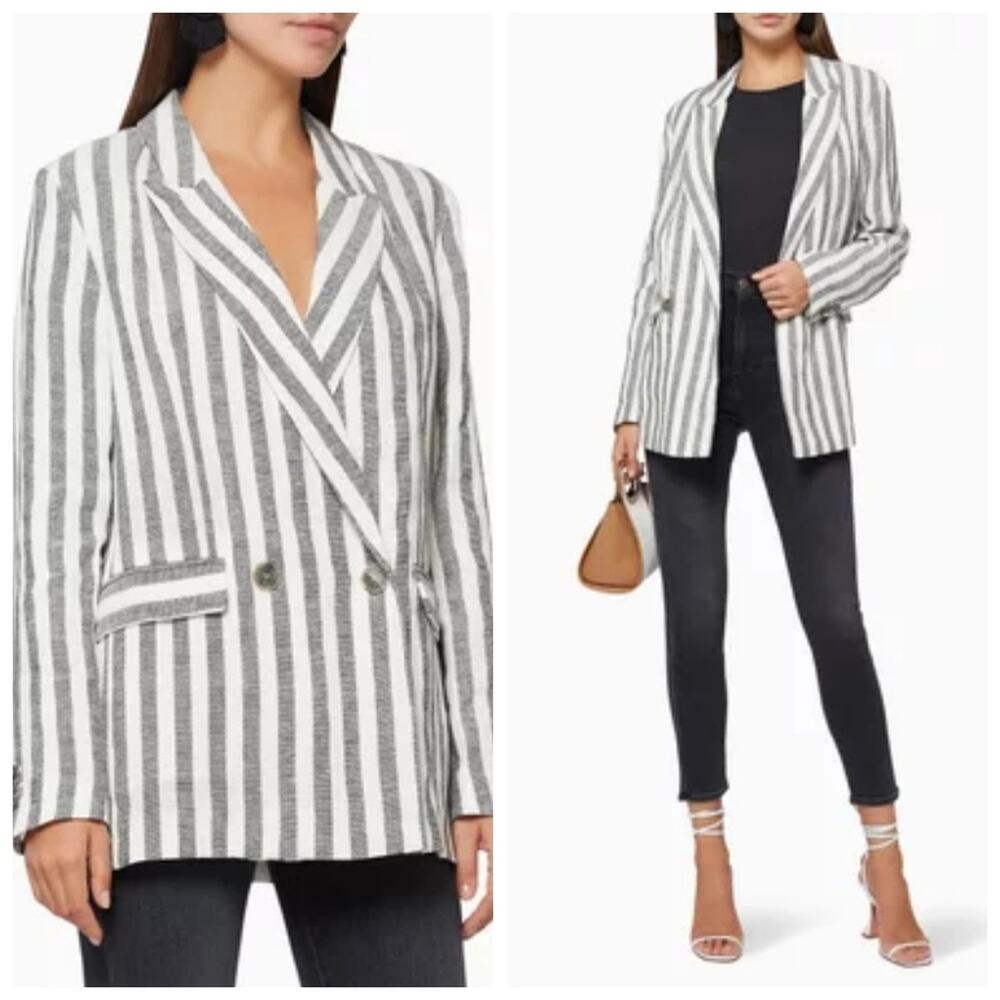 IRO Sailor Striped Grey White 100% Linen Lightweight Blazer Jacket Coat 34 / 2